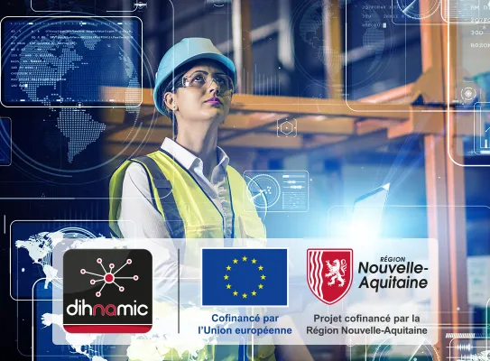 Technicien manipulant des outils d'IA avec logos Dihnamic, Europe et Région Nouvelle-Aquitaine