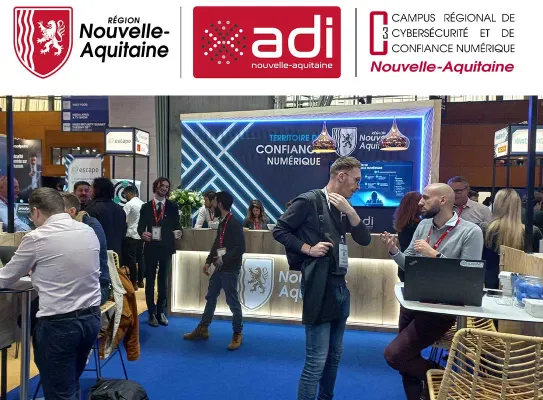 Image décorative pour stand Région Nouvelle Aquitaine avec les logos de la région, d'ADI et du Cyber campus Nouvelle AquitaineIncyber 2025