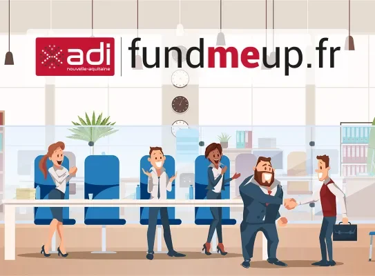 Startup rencontrant des entrepreneurs et logo Fundmeup