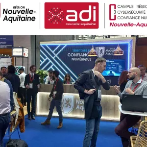 Image décorative pour stand Région Nouvelle Aquitaine avec les logos de la région, d'ADI et du Cyber campus Nouvelle AquitaineIncyber 2025